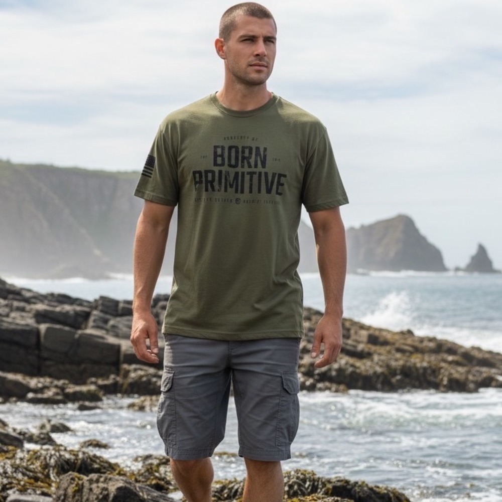 Born Primitive Mens Large Olive Green Graphic T-Shirt American Flag Sleeve Logo